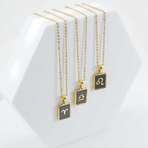 New Fashion 18k Gold Plated Stainless Steel 12 Star Sign Zodiac Sign Black Shell Pendant Necklace Simple Jewelry for Women's