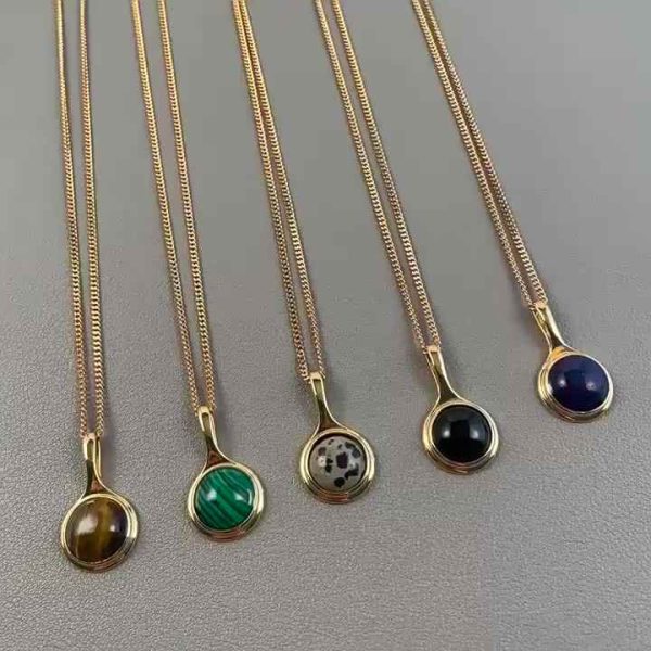 Vintage Tiger Eye Stone Pendant Necklace for Women, Brass Gold Plated Trendy Sweater Chain Jewelry