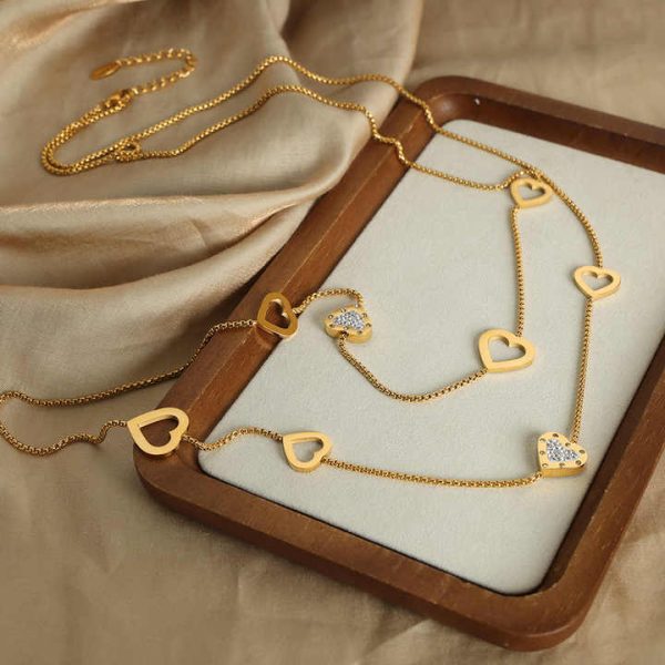 Wholesale Bulk New Design Gold Plated Double Layer Heart Long Sweater Chain Necklace Jewelry for Women