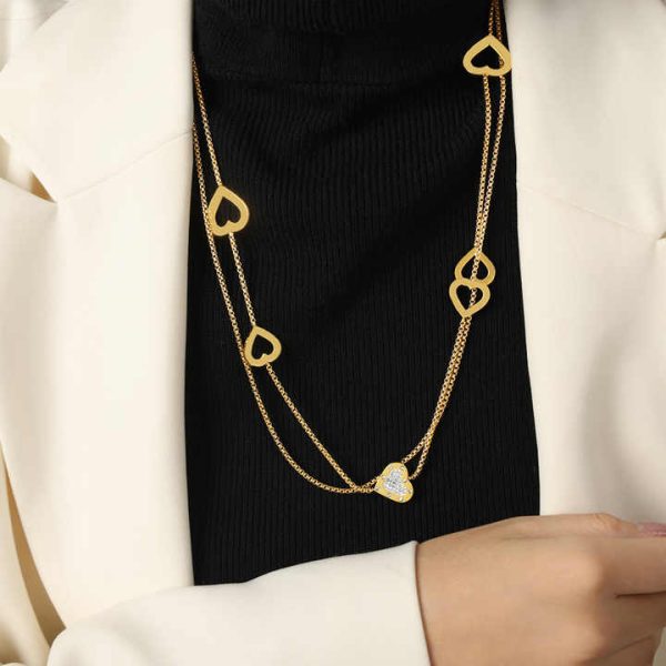 Wholesale Bulk New Design Gold Plated Double Layer Heart Long Sweater Chain Necklace Jewelry for Women
