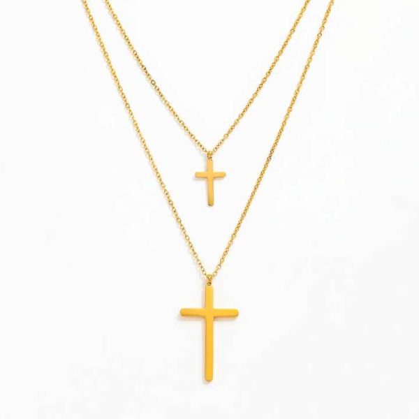Joolim Jewelry 18K Gold Plated Double-layer Cross Pendant Choker Necklace Stainless Steel Fashion for Gift