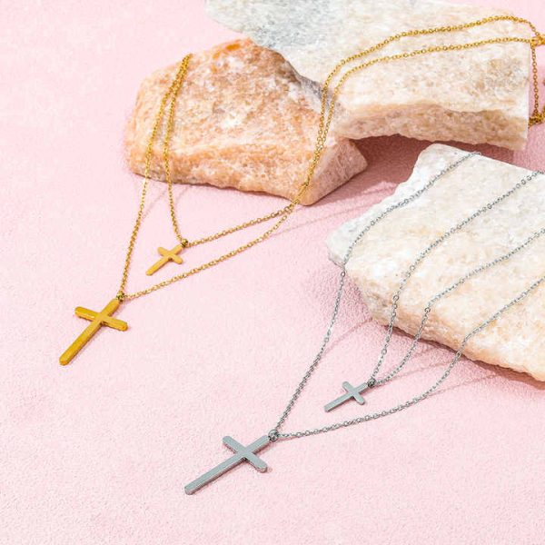 Joolim Jewelry 18K Gold Plated Double-layer Cross Pendant Choker Necklace Stainless Steel Fashion for Gift