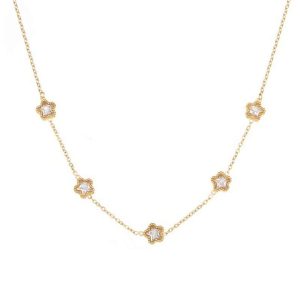 Women's Stainless Steel Gold Zircon Flower Choker Necklace, Adjustable Blade Chain Casual Sporty Sweater Necklace