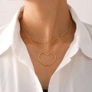 Fashion Geometric Heart Shape Double Layer Twin Clavicle Bead Chain Stainless Steel PVD 18K Gold Plating Necklace for Women