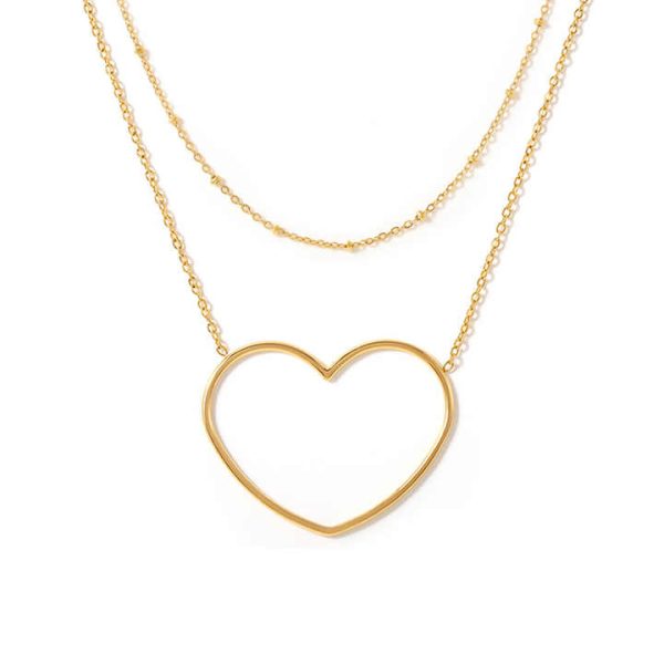 Fashion Geometric Heart Shape Double Layer Twin Clavicle Bead Chain Stainless Steel PVD 18K Gold Plating Necklace for Women