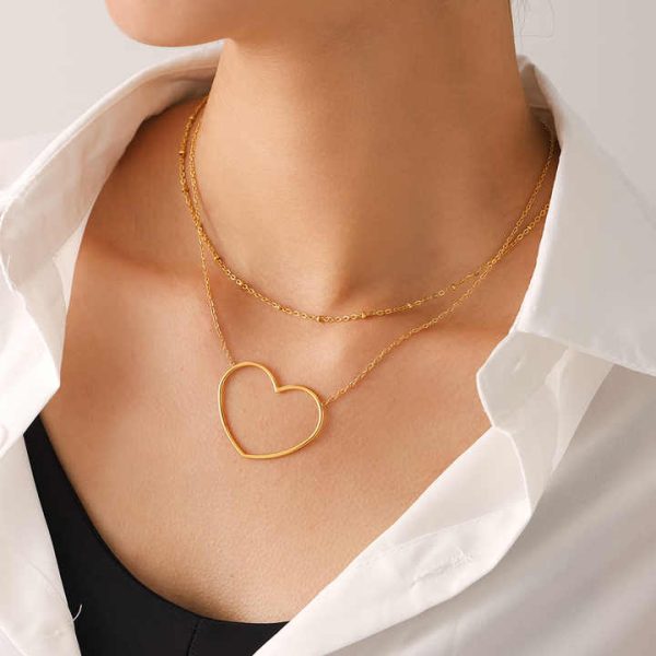 Fashion Geometric Heart Shape Double Layer Twin Clavicle Bead Chain Stainless Steel PVD 18K Gold Plating Necklace for Women