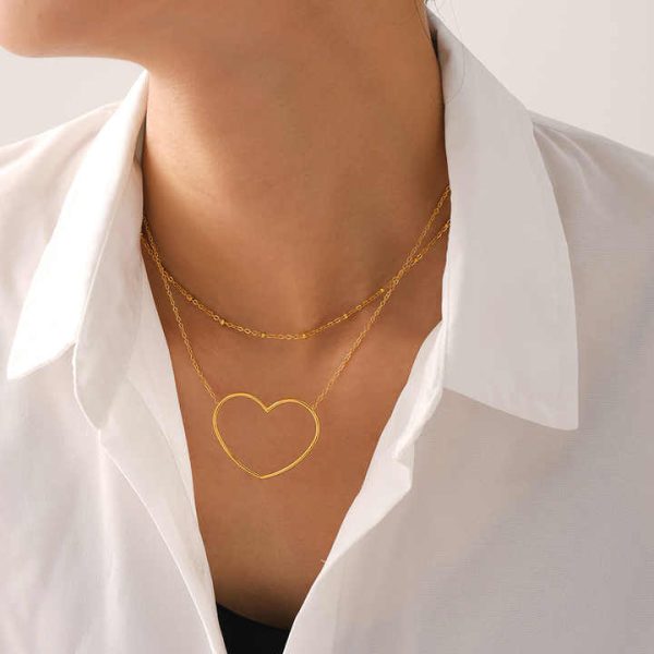 Fashion Geometric Heart Shape Double Layer Twin Clavicle Bead Chain Stainless Steel PVD 18K Gold Plating Necklace for Women