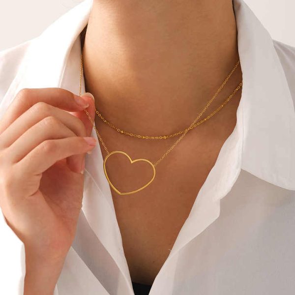 Fashion Geometric Heart Shape Double Layer Twin Clavicle Bead Chain Stainless Steel PVD 18K Gold Plating Necklace for Women