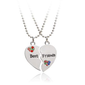 Trendy Double Heart Pendant Necklace with Crystal Rhinestones and Princess Cut Design - Silver Plated Alloy Unisex Gift