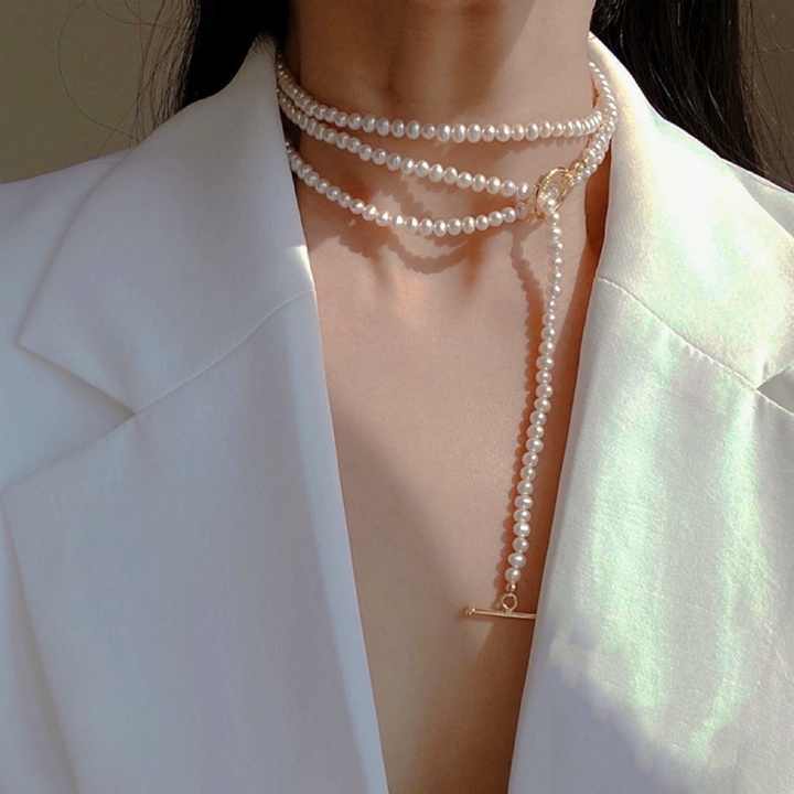 Wholesale Baroque Natural Freshwater 925 Silver Near Round Pearl Multi-wear Necklaces Jewelry Fashion Sweater Chains