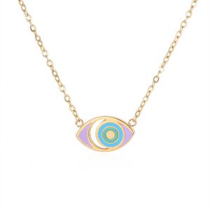 Trendy Stainless Steel Eye Pendant Necklace with Gold Plated Oval Link Chain for Women