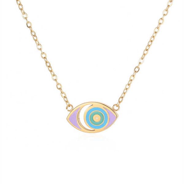 Wholesale Trendy Fashion Stainless Steel Fine Jewelry Multi Color Eye Pendants Gold Plated Oval Chains Necklaces for Women