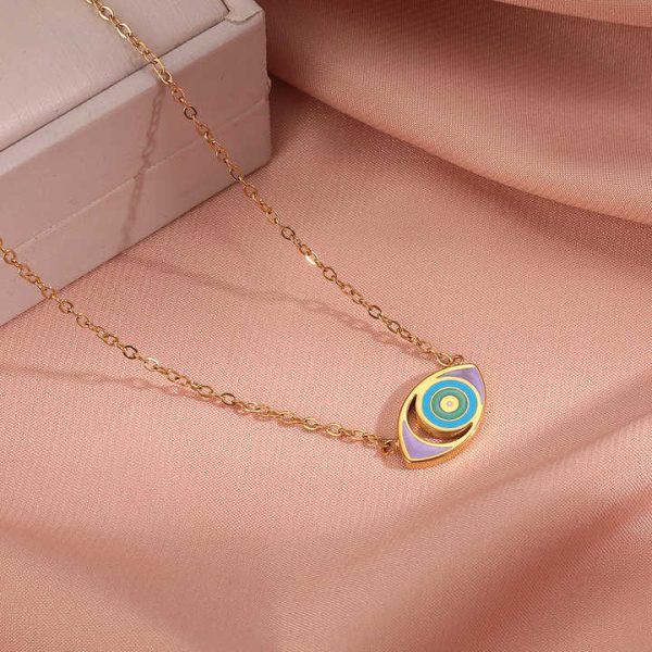 Wholesale Trendy Fashion Stainless Steel Fine Jewelry Multi Color Eye Pendants Gold Plated Oval Chains Necklaces for Women