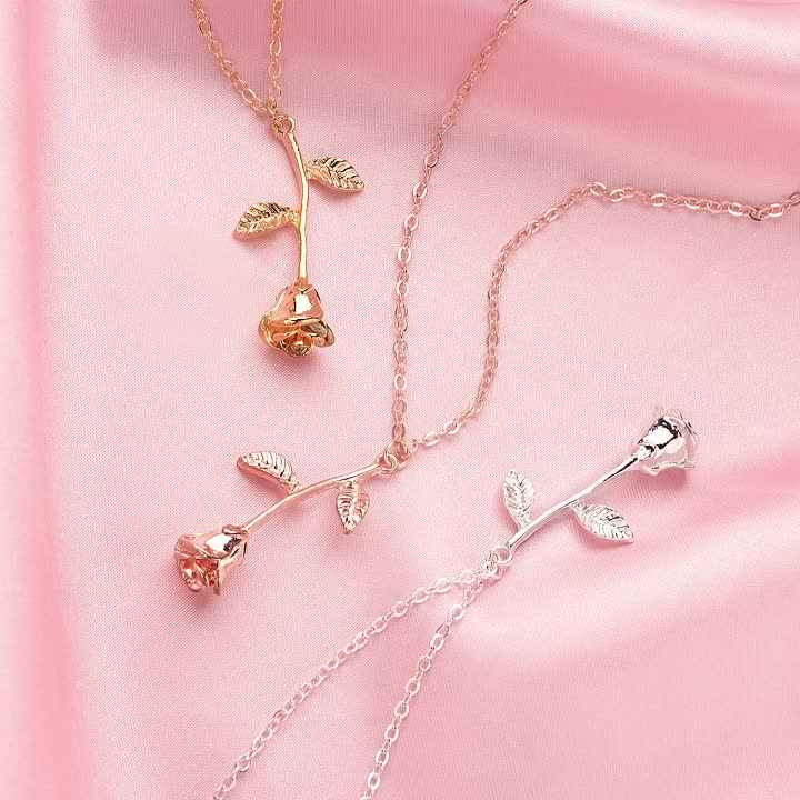 18 Inch Vintage Gold Plated Stainless Steel Rose Sweater Chain Necklace for Valentine's Day Gift with Zircon Accents