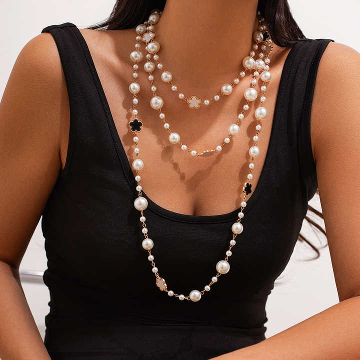 3 Pcs Trendy Layered Long Imitated Pearl Beads Chain Necklaces for Women Lady Street Beaded Sweater Chains Female Party Jewelry