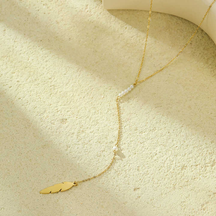 Fashion Long Thin Chain Pearls Necklace Silver Stainless Steel Feather Pendant Gold Plated Non Tarnish Long Necklace for Women
