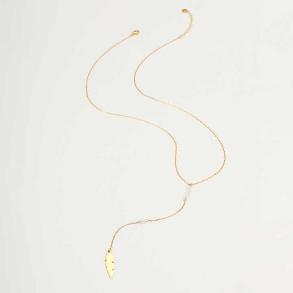 Fashion Long Thin Chain Pearls Necklace Silver Stainless Steel Feather Pendant Gold Plated Non Tarnish Long Necklace for Women