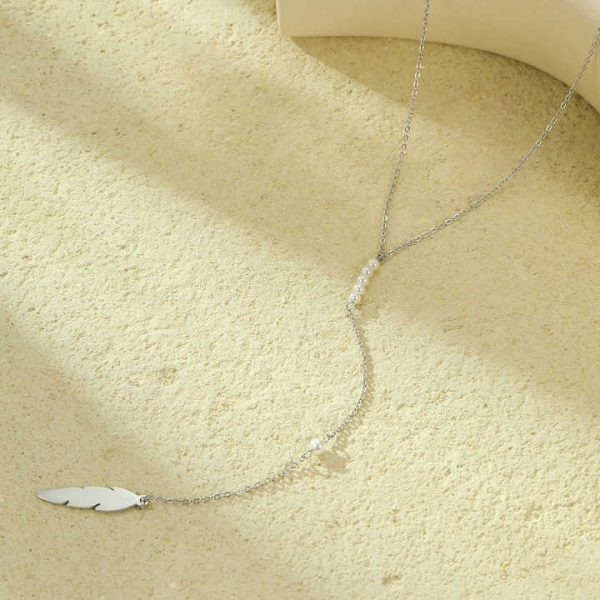 Fashion Long Thin Chain Pearls Necklace Silver Stainless Steel Feather Pendant Gold Plated Non Tarnish Long Necklace for Women