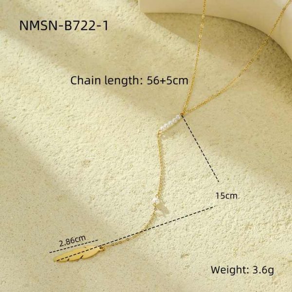 Fashion Long Thin Chain Pearls Necklace Silver Stainless Steel Feather Pendant Gold Plated Non Tarnish Long Necklace for Women