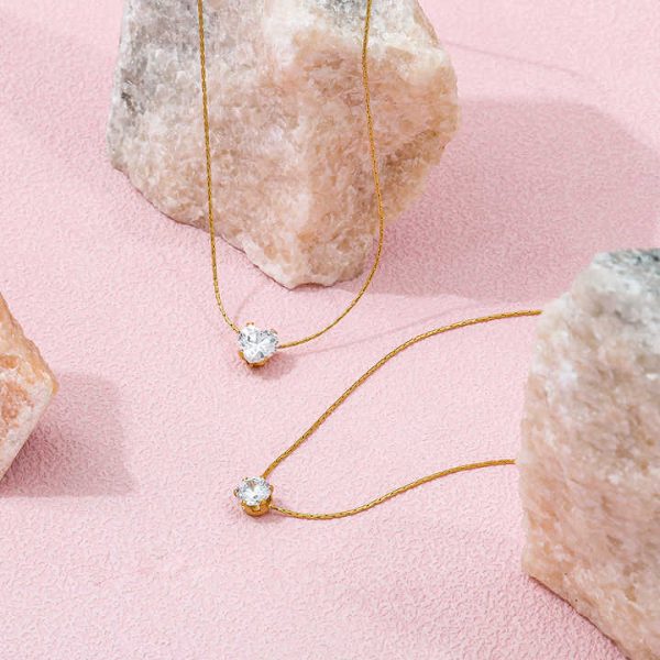 2025 New Waterproof 18K Gold Plated Round Zirconia Heart Pendant Tiny Dainty Chain Necklace Stainless Steel Fashion Jewelry