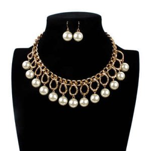 Vintage Chunky Imitation Pearl Collar Choker Necklace - 14K Gold Plated Link Chain Sweater Jewelry for Women