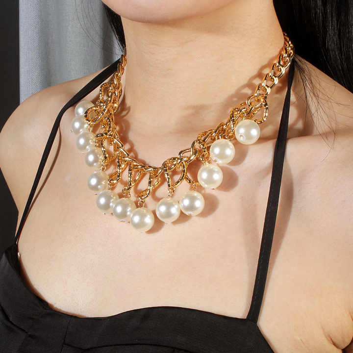 Jiojew Customize Wholesale Fashion Fine Women Jewelry Hot Selling Metal Chunky Pearl Collar Choker Chain Collarbone Necklace