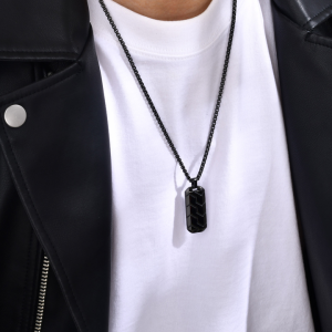 Stainless Steel Geometric Tire Embossed Pendant Necklace with Square Pearl Chain - 18K Gold Electroplated Women's Trendy Jewelry for Daily Wear