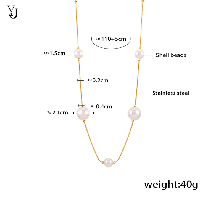 New Fashion Sweater Chain Shell Beads Sweater Chain Stainless Steel PVD Plating Long Stacking Necklace for Women