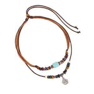 Ethnic Multi-Layer Beaded Leather Flower Pendant Necklace for Women, Vintage Sweater Chain Jewelry Gift