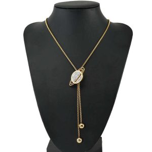 Cute Long 18k Gold Plated Stainless Steel Diamond Star Moon Planet Sweater Chain Necklace