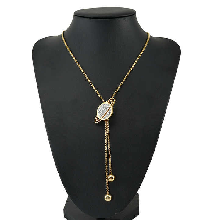 Stainless Steel 18k Gold Pvd Plated Long Sweater Chain Inlaid Diamond Star Moon Planet Necklace for Women