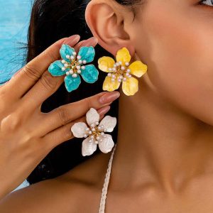 JLD-03 Fashion Summer Women Enamel Ear Jewelry Alloy Pearl Flower Stud Earrings