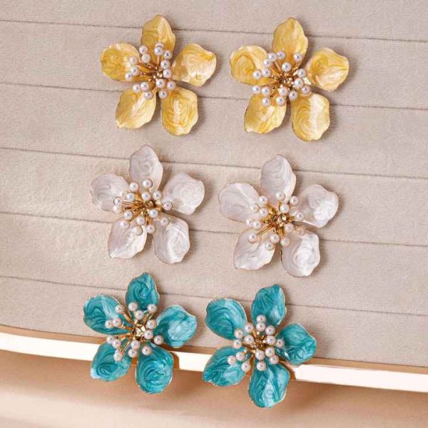JLD-03 Fashion Summer Women Enamel Ear Jewelry Alloy Pearl Flower Stud Earrings