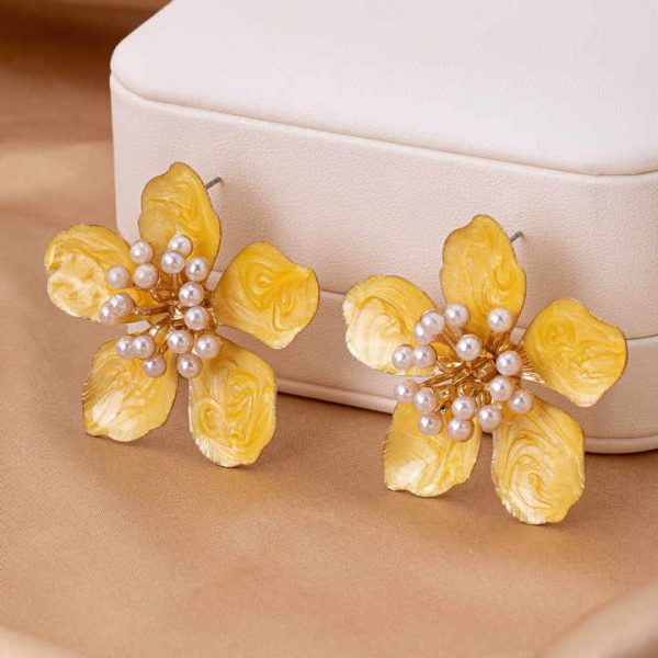 JLD-03 Fashion Summer Women Enamel Ear Jewelry Alloy Pearl Flower Stud Earrings