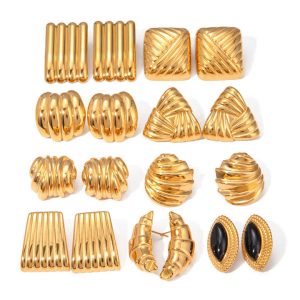 Trendy 18K PVD Gold Plated Waterproof Fashion Charm High Quality Women Jewelry Geometric Texture Stainless Steel Earrings Studs