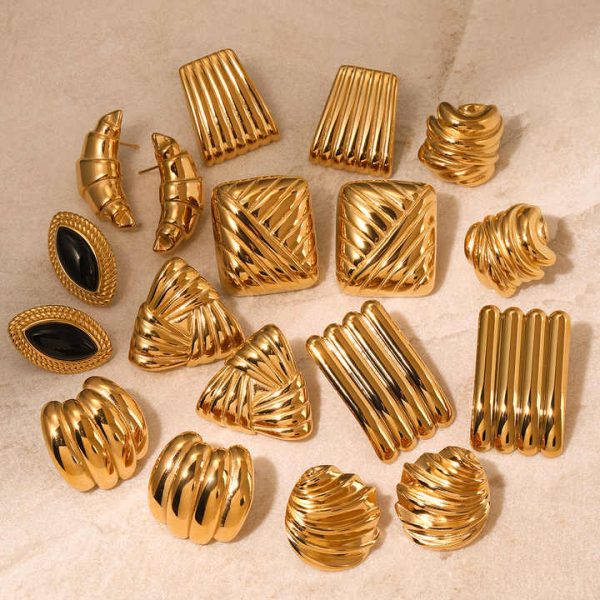 Trendy 18K PVD Gold Plated Waterproof Fashion Charm High Quality Women Jewelry Geometric Texture Stainless Steel Earrings Studs