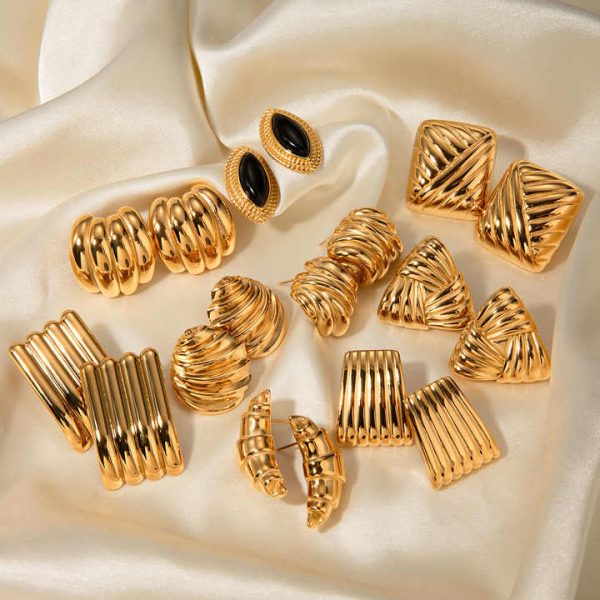 Trendy 18K PVD Gold Plated Waterproof Fashion Charm High Quality Women Jewelry Geometric Texture Stainless Steel Earrings Studs