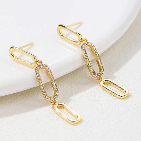 Long Dangle Link Chain Drop Earrings 18K Gold Plated Copper Zircon Earrings Women