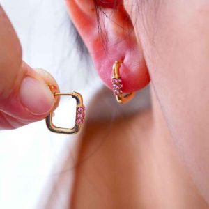 Wholesale 14K Gold Stud Earrings with Elegant Pink Diamond Inlay Trendy Stainless Steel Fashion Accessory Featuring Zircon Stone