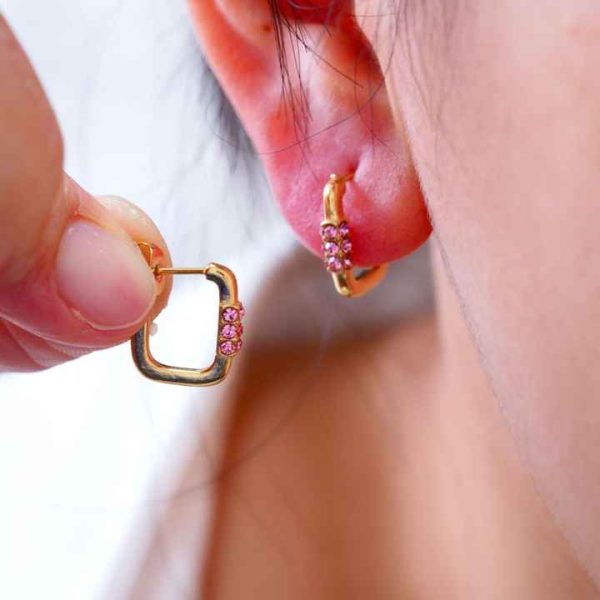 Wholesale 14K Gold Stud Earrings with Elegant Pink Diamond Inlay Trendy Stainless Steel Fashion Accessory Featuring Zircon Stone