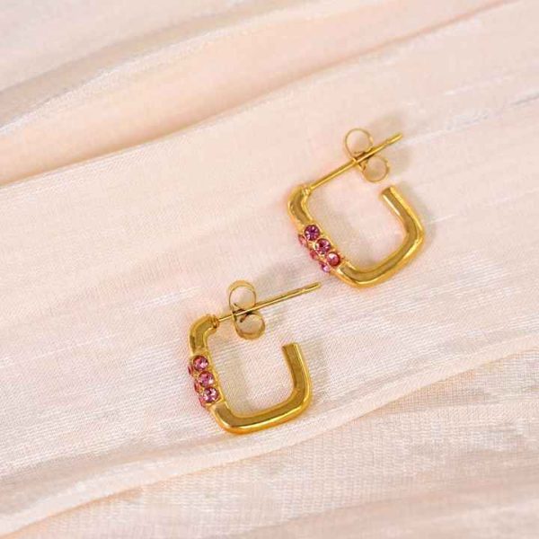 Wholesale 14K Gold Stud Earrings with Elegant Pink Diamond Inlay Trendy Stainless Steel Fashion Accessory Featuring Zircon Stone