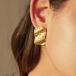 J&D Gorgeous Stainless Steel Stud Earrings Jewelry Women Hammered Texture Square Irregular Earrings