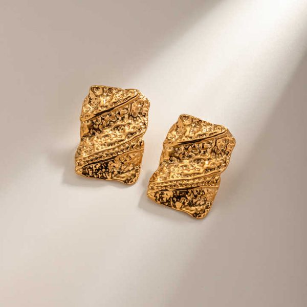 J&D Gorgeous Stainless Steel Stud Earrings Jewelry Women Hammered Texture Square Irregular Earrings