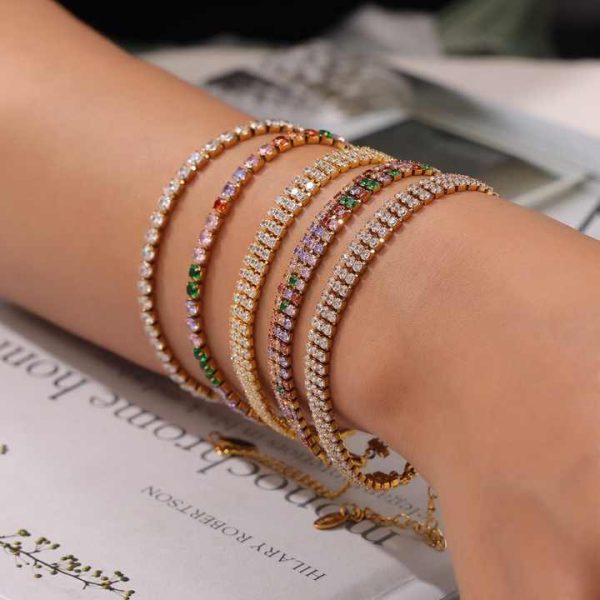 Luxury Inoxydable Fashion Jewelry Bracelet 18K Gold Stainless Steel Colorful Full Diamond Zircon Tennis Chain Bracelet for Women