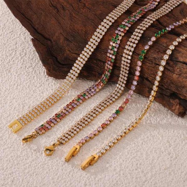 Luxury Inoxydable Fashion Jewelry Bracelet 18K Gold Stainless Steel Colorful Full Diamond Zircon Tennis Chain Bracelet for Women