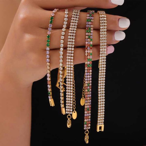 Luxury Inoxydable Fashion Jewelry Bracelet 18K Gold Stainless Steel Colorful Full Diamond Zircon Tennis Chain Bracelet for Women