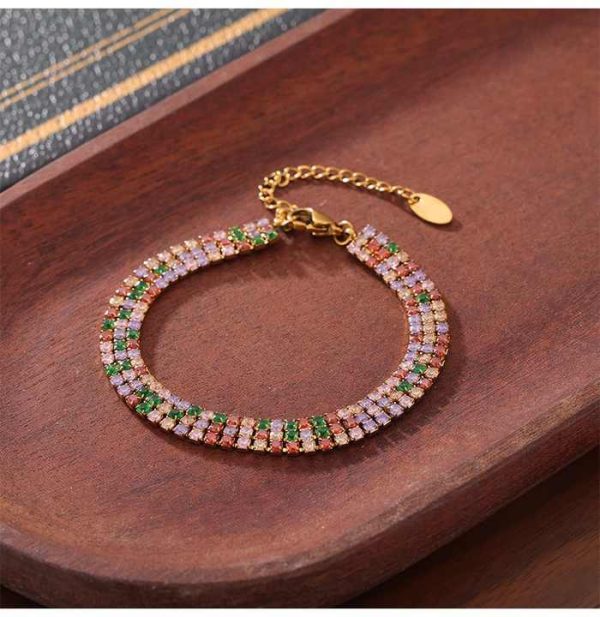 Luxury Inoxydable Fashion Jewelry Bracelet 18K Gold Stainless Steel Colorful Full Diamond Zircon Tennis Chain Bracelet for Women