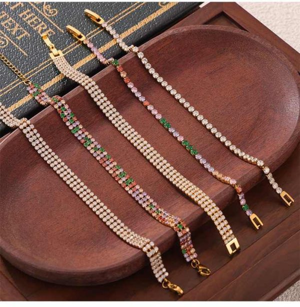 Luxury Inoxydable Fashion Jewelry Bracelet 18K Gold Stainless Steel Colorful Full Diamond Zircon Tennis Chain Bracelet for Women
