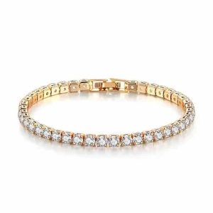 Classic 14K Gold Plated Cubic Zirconia Tennis Bracelet - Claw Set Geometric Brass Jewelry for Women in 6.5/7/7.5 Inch