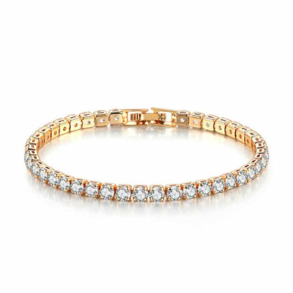 Hot Sale 14k Gold Plated Cubic Zirconia Bracelet Round Sterling Silver Tennis Bracelet for Women Hip Hop Fashion Jewelry Bangle